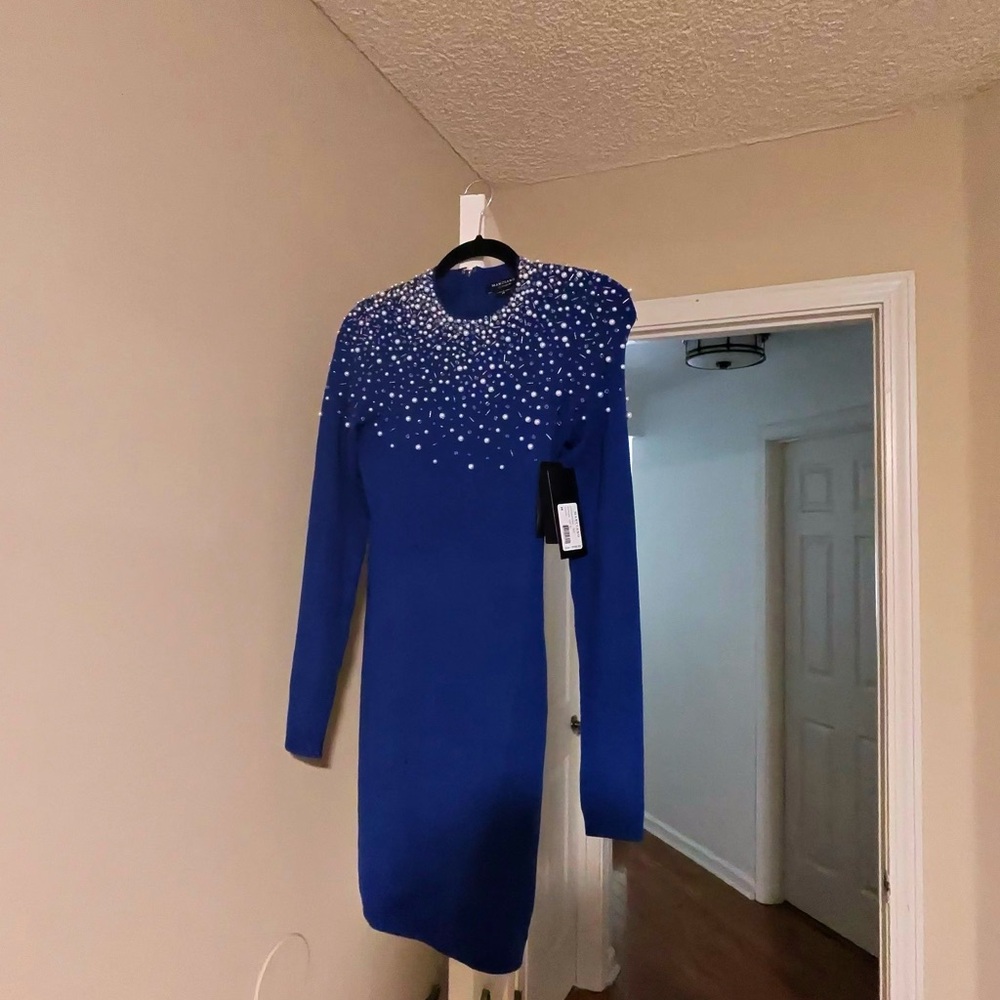 Marciano Royal Blue Long Sleeve Dress with Beaded Detail